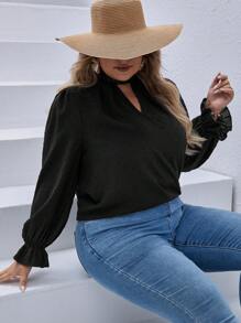 SHEIN VCAY Plus Size Keyhole Neckline Ruffle Sleeve Top - Black - View 1
