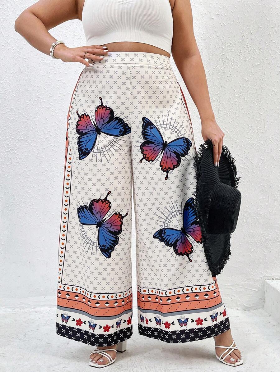 SHEIN VCAY Của phụ nữ Kích thước lớn In bướm Quần ống rộng - Nhiều màu - Xem 1