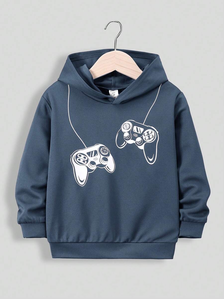 SHEIN Con trai Giải trí Áo nỉ có mũ Với Trò chơi điện tử Bộ điều khiển In - Màu xanh bụi bặm - Xem 1