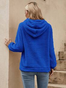 SHEIN LUNE Solid Color Furry Drawstring Hoodie In Fall/Winter,Casual - Royal Blue - View 2