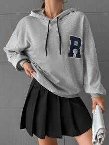 EURMUSE Letter Patched Drop Shoulder Drawstring Hoodie - Grey - View 5