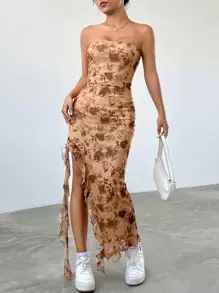 SHEIN EZwear 女士復古網紗露肩連身裙,植物印花和荷葉邊緣設計 - 棕色 - 查看 1