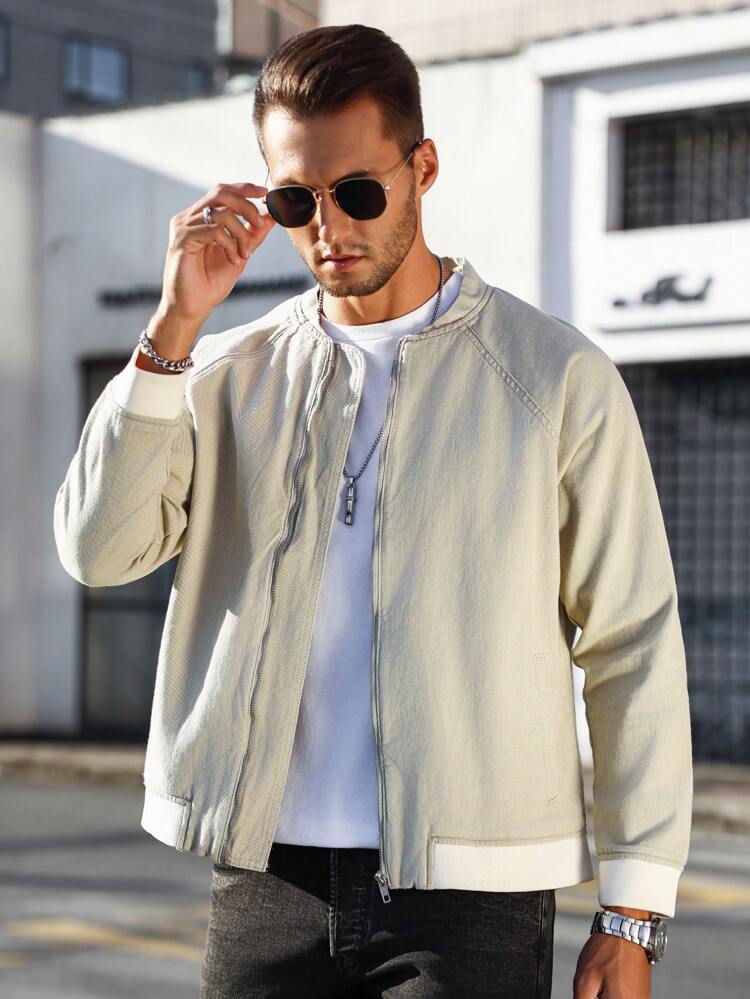 Loose Men's Vintage Denim Jacket With Baseball Collar And Raglan Sleeves