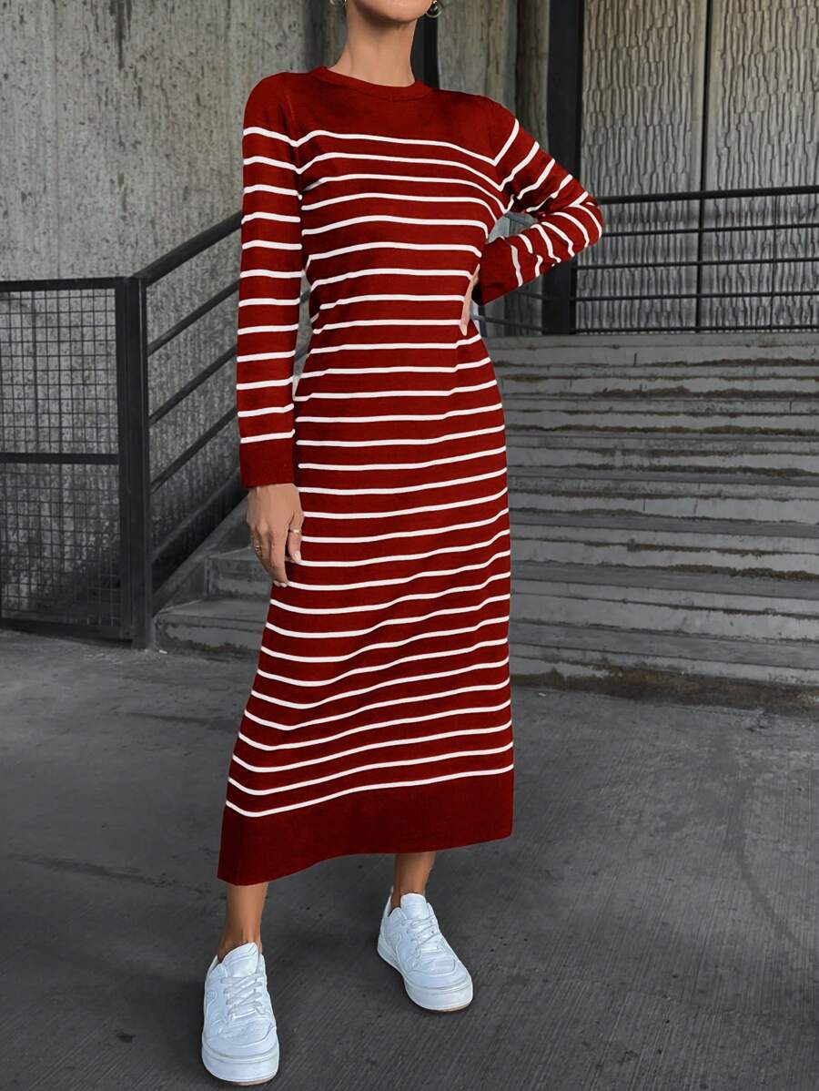 Cloudara Striped Long Sleeve Round Neck Sweater Dress - Red - View 1