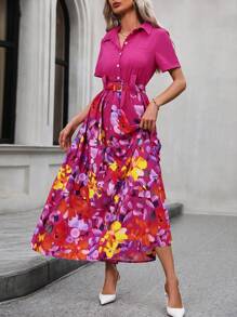 SHEIN Clasi Floral Printed Belted Shirt Dress - Hot Pink - View 4