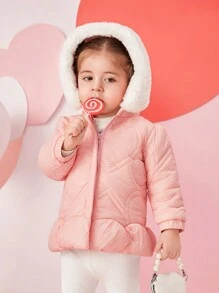 SHEIN 女童休闲保暖厚款保暖内衬连帽长袖夹克，适合秋冬季户外活动 - 粉色 - 查看 3