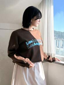 Dazy Petite Plus Round Neck Leisure Sweatshirt With Print Text,Fall Clothes - Brown - View 1