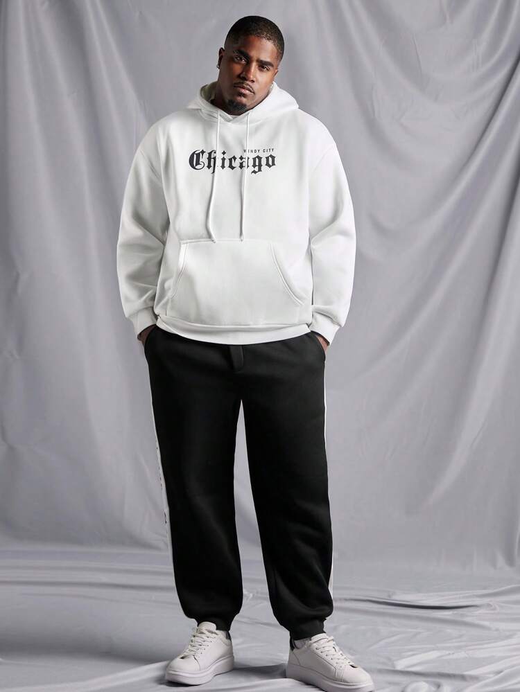 Men's Plus Size Hooded Sweatshirt And Pants Set With Text Print