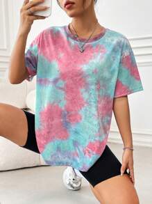 SHEIN EZwear 紮染印花圓領短袖t卹 - 彩色 - 查看 3