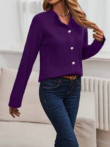 SHEIN Essnce 女士單排釦落肩開衩前短後長針織外套 - 紫色 - 查看 3