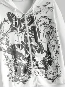 ROMWE Fairycore Butterfly Printed Zip Front Hoodie With Drawstring - Black - View 3