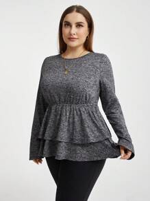 SHEIN Essnce 加大碼女款圓領t恤,襯托荷葉邊緣 - 深灰色 - 查看 4