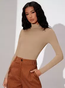 SHEIN BAE Của phụ nữ Đứng cổ áo Tay áo dài Áo liền quần chặt - Màu Khaki - Xem 7