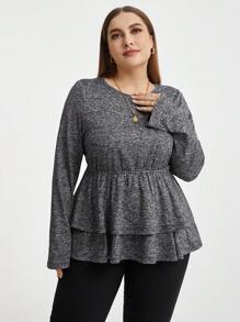 SHEIN Essnce 加大碼女款圓領t恤,襯托荷葉邊緣 - 深灰色 - 查看 6