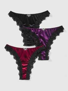 ROMWE Goth 3入組天鵝絨和花邊拼接蝙蝠翼吊墜三角褲