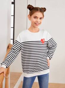 女童針織愛心印花和條紋圓領寬鬆休閒t恤 - 彩色 - 查看 6