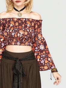 ROMWE Hippie Mushroom And Flower Pattern Blouse With Flare Sleeves, Crop Top - Multicolor - View 2