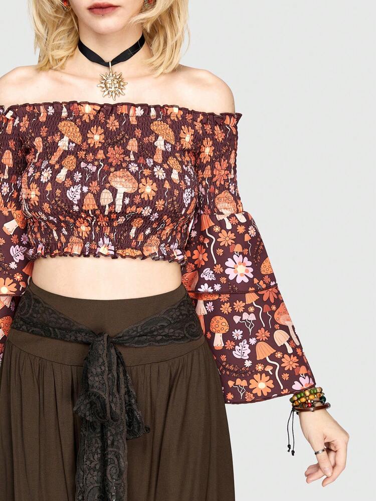 Mushroom And Flower Pattern Blouse With Flare Sleeves, Crop Top