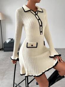 Chiquease Vestido Estilo Suéter Con Ribetes Y Detalle De Solapa En Bloques De Color - Albaricoque - Ver 5