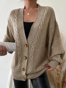 EURMUSE Cable Knit Drop Shoulder Cardigan - Mocha Brown - View 1
