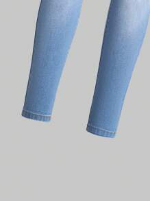 青少女新款破洞漂洗斜口袋牛仔褲 - 中等水洗藍 - 查看 3