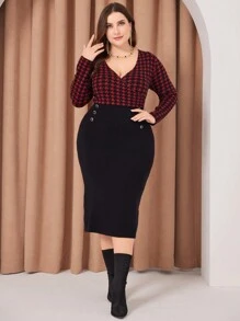 Mulvari 勃艮第红色千鸟格图案撞色长袖连衣裙