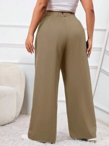 SHEIN EZwear 秋冬大码女式微褶直筒西装裤 - 卡其色 - 查看 2