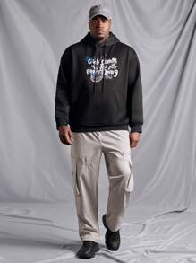 Manfinity LEGND Men's Plus Size Letter Printed Hooded Leisure Sweatshirt With Drawstring - Black - View 3