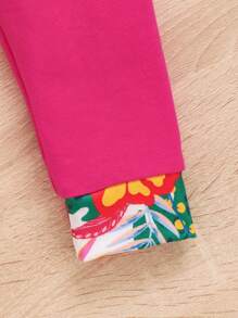 SHEIN 寶寶女孩休閒植物紋短袖上衣彈性腰帶彩色拼接褲套裝 - 綠色 - 查看 5