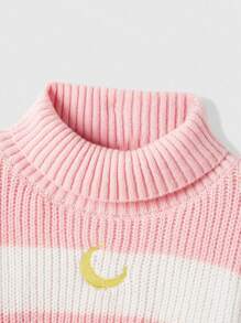 ROMWE Kawaii Moon Embroidery Striped Pattern Turtleneck Drop Shoulder Sweater, School