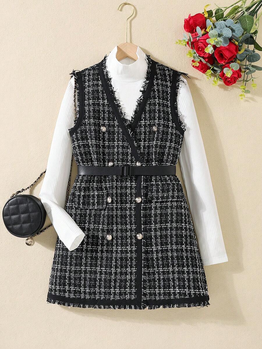 Cô gái Kẻ sọc Đầm Và Màu thuần Áo 2 Miếng Quần áo Bộ - màu đen - Xem 1