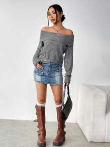 Flirla Solid Color Ribbed Off Shoulder Long Sleeve Knit Pullover Fall Winter Sweater - Grey - View 4