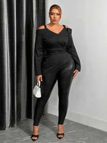 SHEIN SXY Plus Size Women'S Cold Shoulder Shirt - Black - View 3