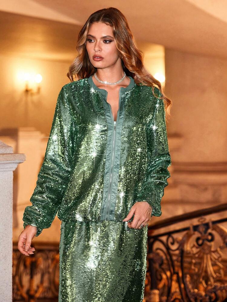 Zipper Front Sparkle Jacket And Skirt Two Piece Set Fall Cloth For Women