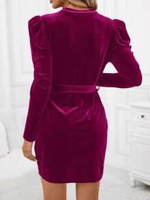 SHEIN Clasi 羊腿袖腰帶半高領天鵝絨連身裙 - 中紫紅色 - 查看 2