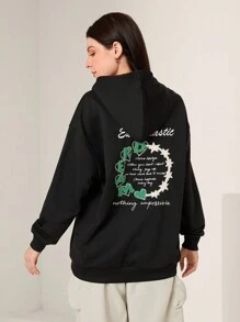 Seusyu Women's Graphic Hooded Sweatshirt With Drawstrings - Black - View 2