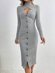 SHEIN LUNE Màu thuần Xu hướng: Cắt giảm Tay áo dài Đầm - Màu Xám nhạt - Xem 4