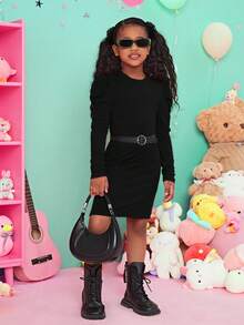 SHEIN Cool Leg-Of-Mutton Sleeve Knitted Dress For Tween Girl - Black - View 4