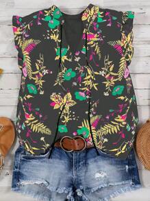 SHEIN LUNE Kích thước lớn Áo Với Đường viền cổ có rãnh , In hoa Và Chi tiết Ruffle - màu đen - Xem 1