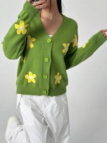 SHEIN Unity 女士花卉圖案落肩開襟衫 - 綠色 - 查看 5