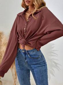 EMERY ROSE Solid Color Half-Breasted Drop Shoulder T-Shirt - Redwood - View 6