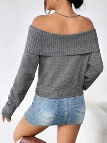 Flirla Solid Color Ribbed Off Shoulder Long Sleeve Knit Pullover Fall Winter Sweater - Grey - View 2