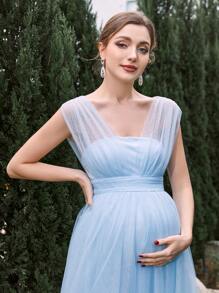 Maternity Solid Color Mesh Dress Elegant Gown For Evening Party - Baby Blue - View 6