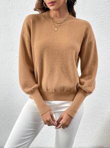 SHEIN LUNE Women's Drop Shoulder Solid Color Knit Pullover Fall Winter Sweater - Khaki - View 4