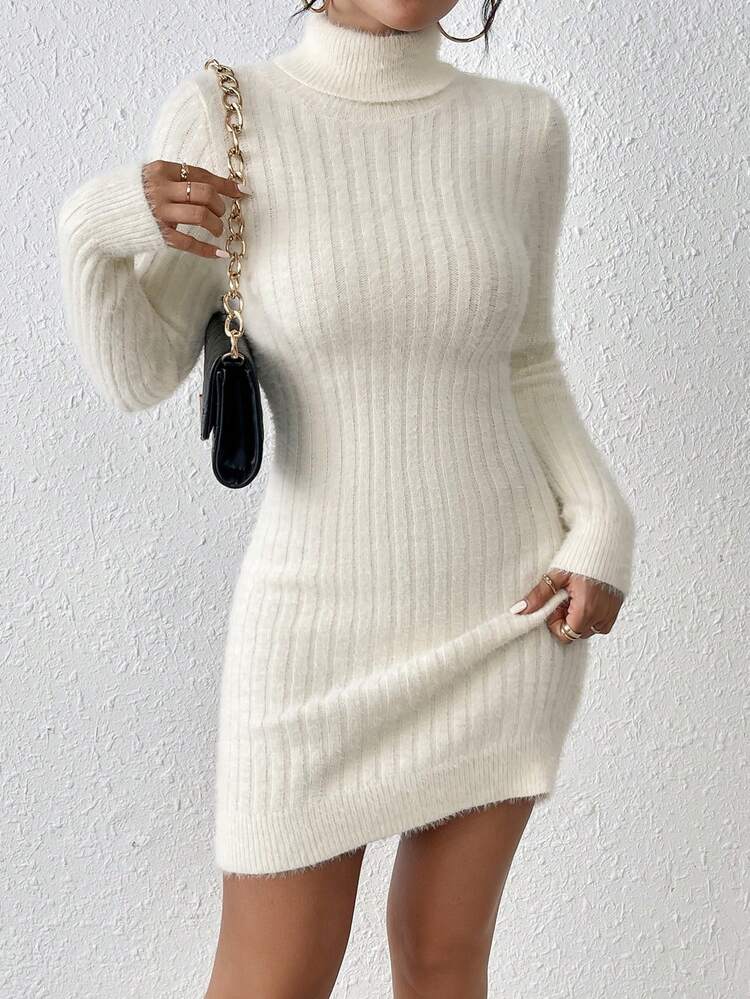 SHEIN Frenchy 高領長袖毛衣連衣裙 - 米色 - 查看 1