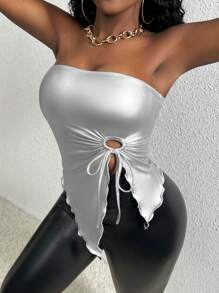 Slaydiva 女用金屬抽繩不對稱下擺無肩帶上衣 - 銀色 - 查看 6