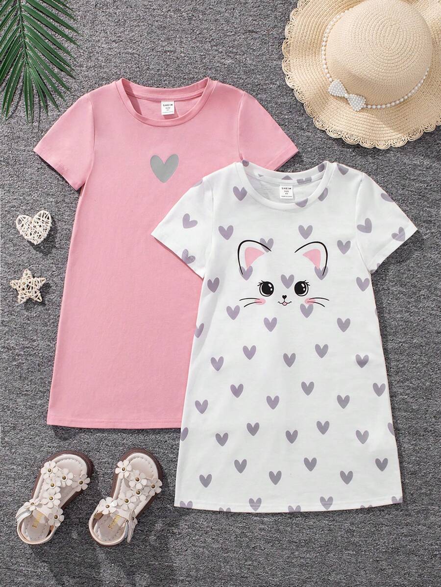 青少女休閒針織短袖裙套裝,適合運動和街頭穿搭,多款可選 - 彩色 - 查看 1