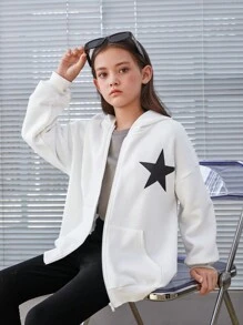 SHEIN Tween Girl Star Print Drop Shoulder Sweatshirt - White - View 1
