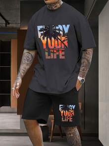 Manfinity Homme Nam Vòng cổ In Ngắn tay Và Bộ quần short - Màu xám đen - Xem 3