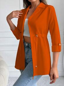 EURMUSE Drawstring Waist Rolled Sleeve Jacket - Red - View 4